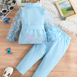 Girls Outfit Butterfly Sleeve Blazer Jacket+Pink Pants Blue