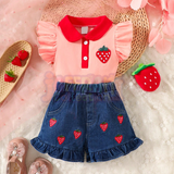 Girls' Ruffle Strawberry Print  Embroidery  Denim